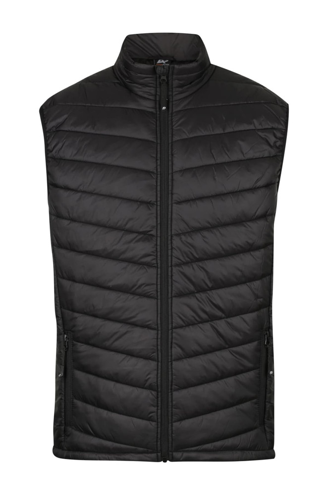 A black padded men's vest with a zip front and side pockets, featuring a logo on the chest.