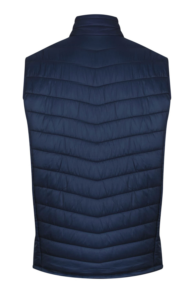 A navy blue men's vest with a quilted design and high collar, featuring a logo.