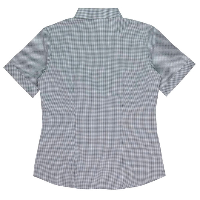 A short-sleeve button-up shirt in a checkered pattern featuring a collared neckline and a fitted silhouette.