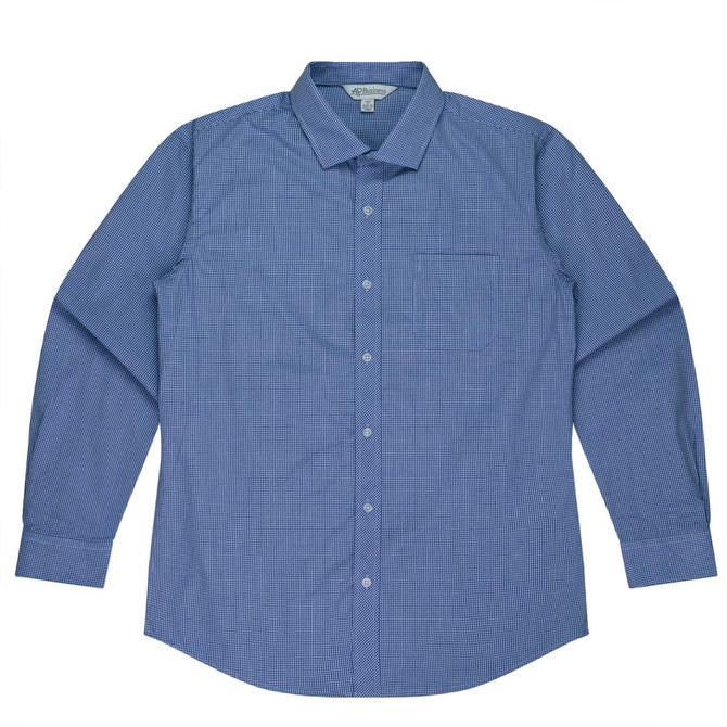 A long-sleeve button-up shirt in blue with a checkered pattern and a chest pocket. Features branding.