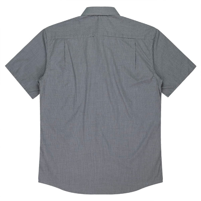 A short-sleeve men's button-up shirt in a grey checkered pattern, featuring a back yoke and subtle branding.