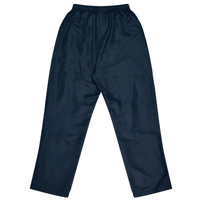 Dark navy track pants featuring an elasticated waistband and a loose fit. The pants have a smooth texture and no visible logos.