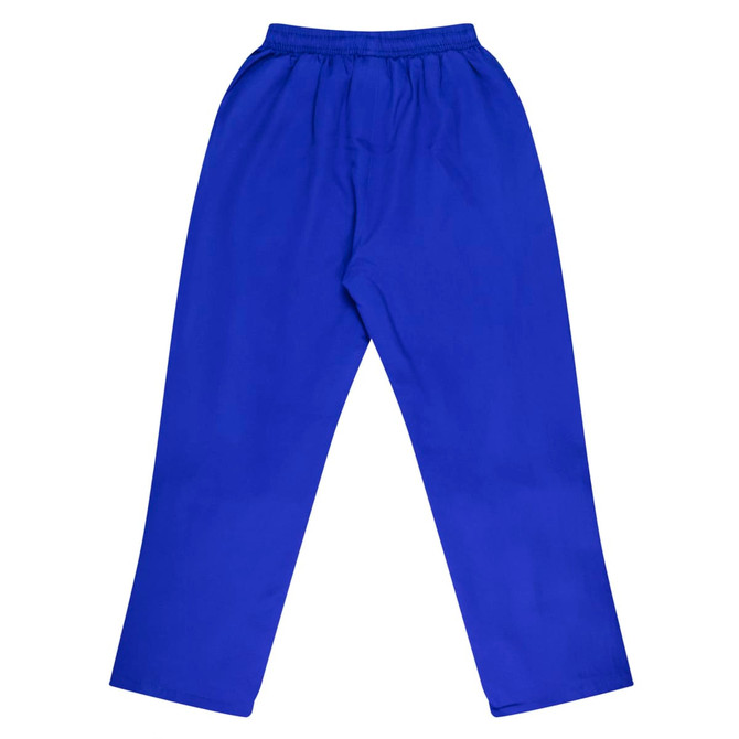 Bright blue track pants with an elastic waistband, featuring a simple design and a logo.