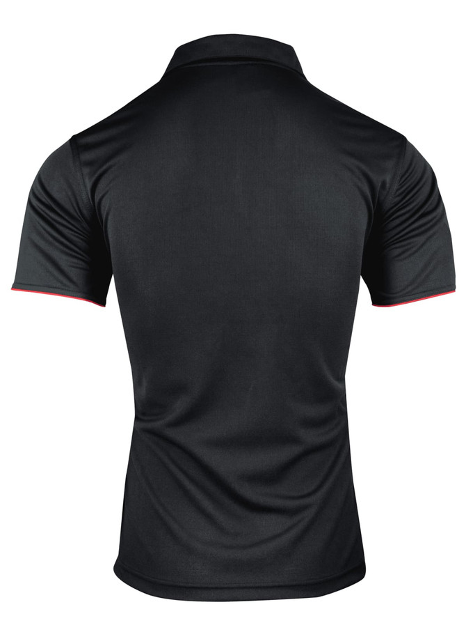 A black polo shirt with short sleeves, featuring red detailing. The shirt has a logo on it.