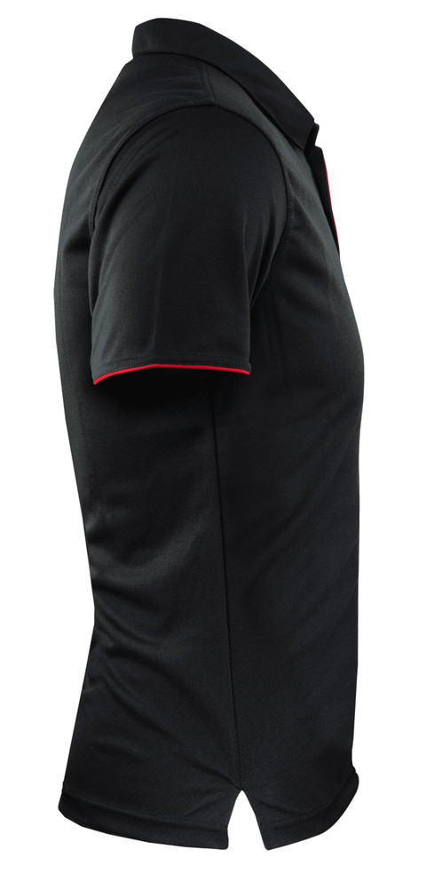 A black polo shirt with a red trim and a logo on the front, featuring short sleeves and a collared neckline.