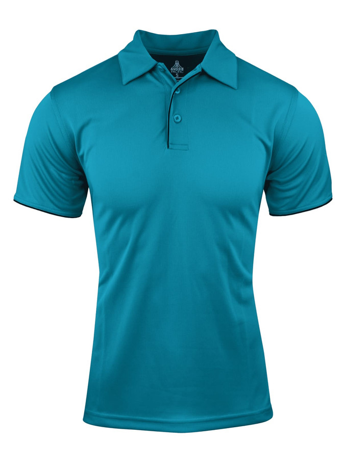 A turquoise men's polo shirt with a collared neck and short sleeves, featuring a logo.
