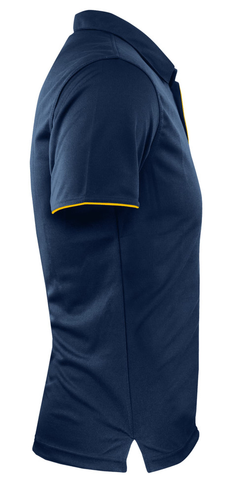 A navy polo shirt featuring a yellow trim and a logo on the chest.