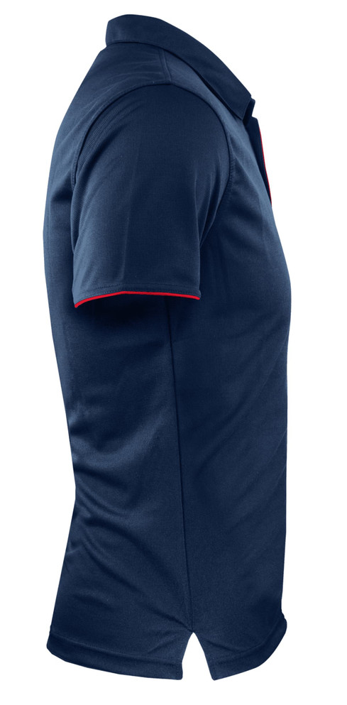 A navy polo shirt with red accents and a logo, displayed from the side.