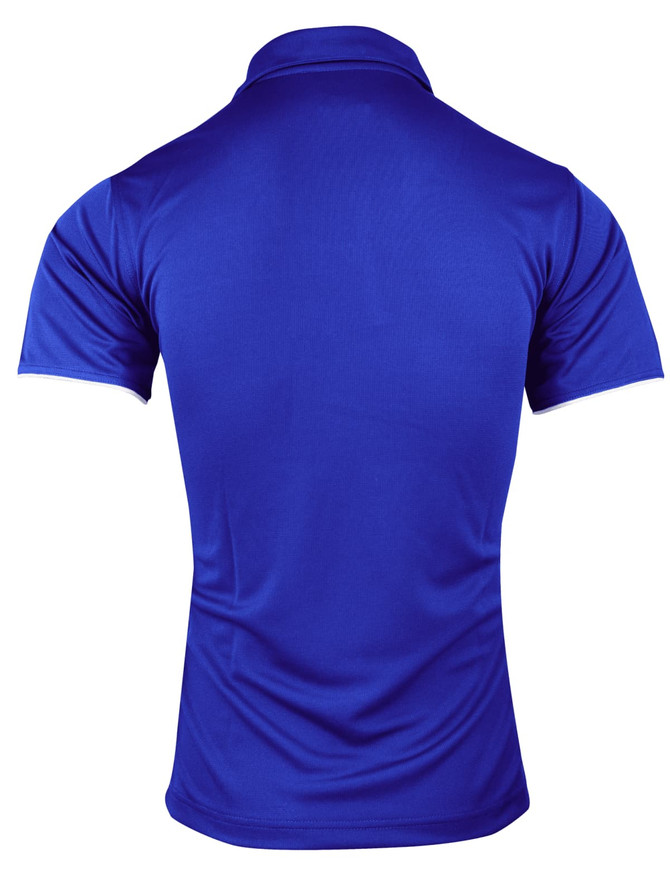 A blue polo shirt with short sleeves and a collar, featuring a logo on the design.