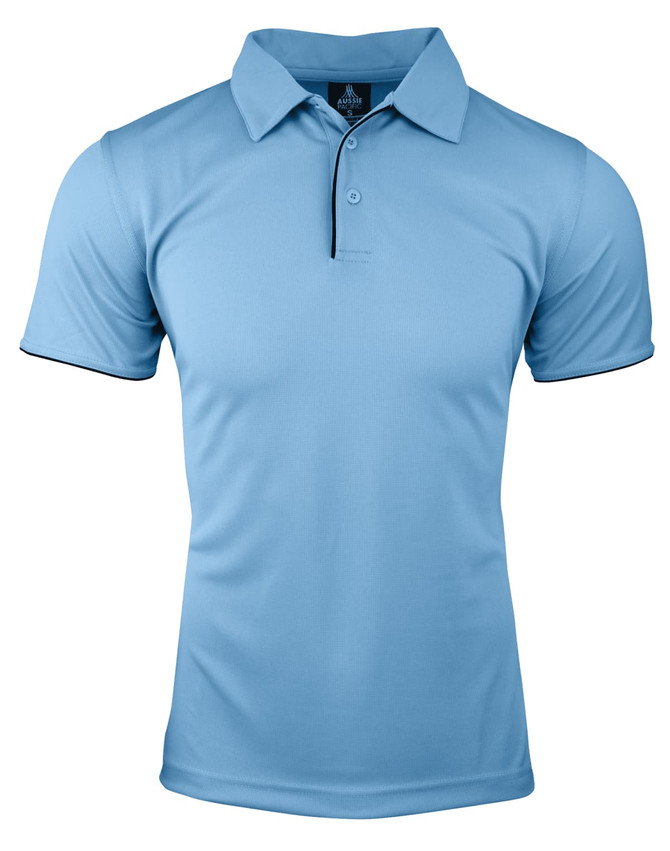 A light blue polo shirt with a collar, short sleeves, and a contrasting button placket. It features branding.