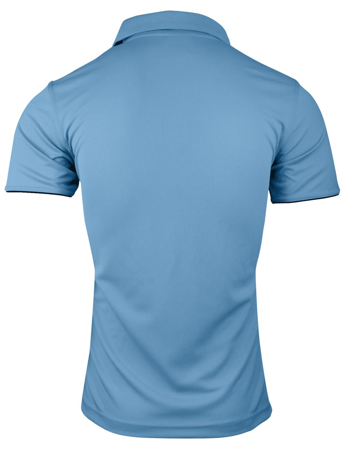 A light blue polo shirt with a collar and short sleeves, featuring a logo on the front.