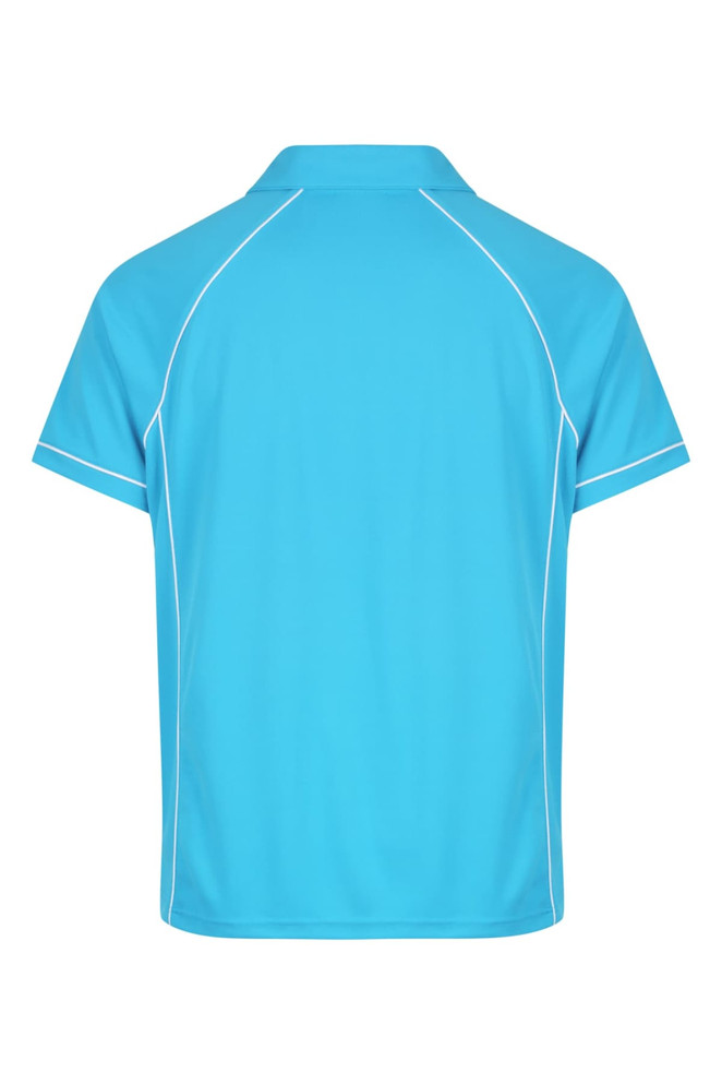 A blue men’s polo shirt with contrasting white piping and a collar. It features a logo on the back.