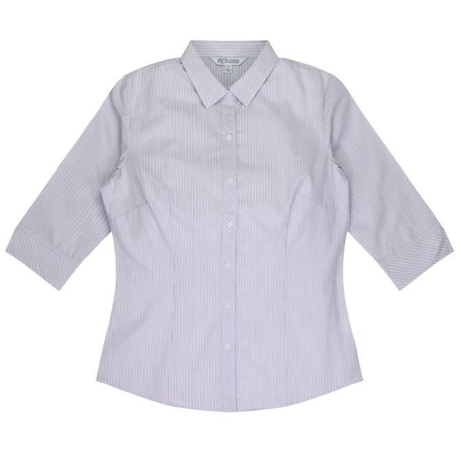 A button-up shirt with a 3/4 sleeve design, featuring a striped pattern in light purple and white. It has a logo.