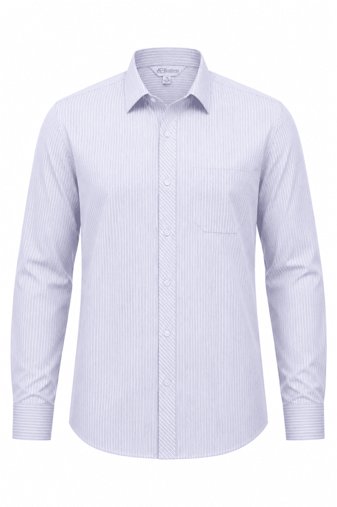 A long sleeve button-up shirt in light blue with a subtle stripe pattern and a chest pocket. Features a logo.