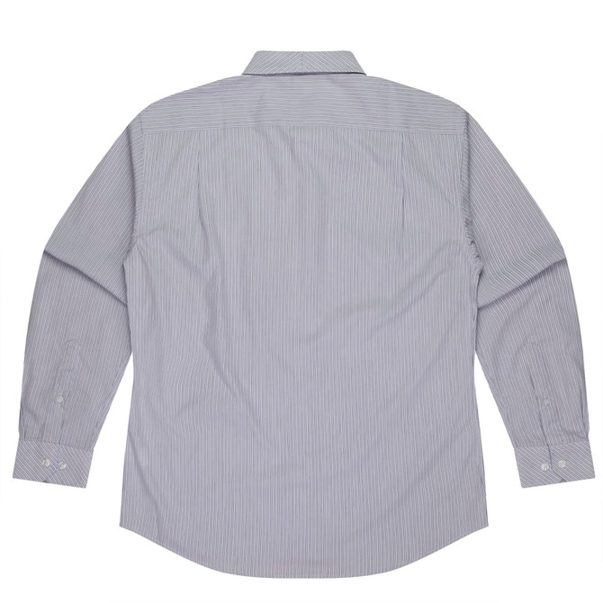 Long-sleeve button-up shirt in a striped pattern, featuring a collar and button cuffs. The shirt has a plain back.