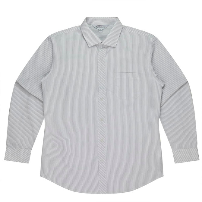 A long-sleeve button-up shirt in light grey with thin stripes and a chest pocket. It features a logo on the label.
