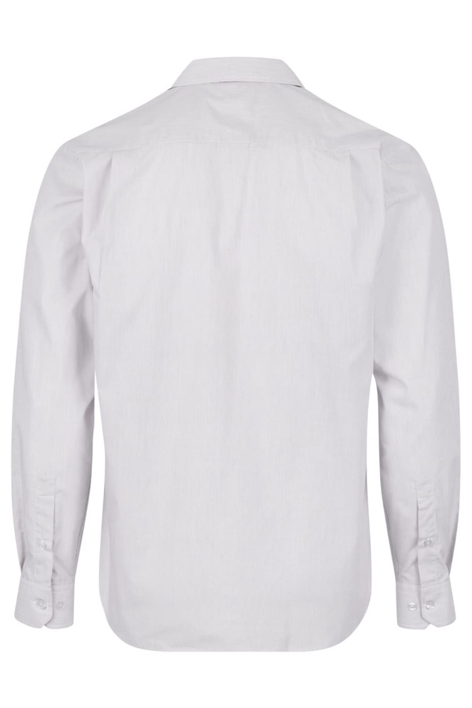 A long sleeve button-up shirt in light grey, featuring a standard collar and a logo on the back.