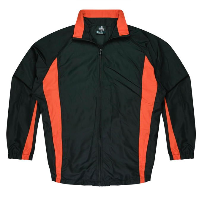 A track jacket in dark green with orange side stripes and a zip front. It features a logo on the chest area.