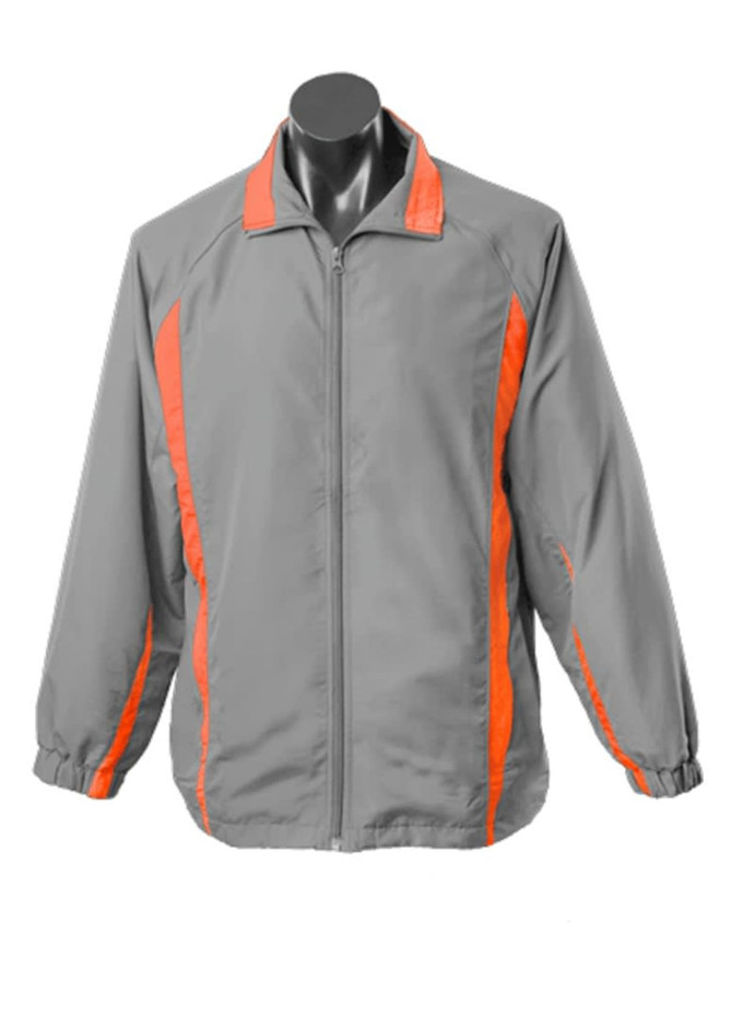 A grey track jacket with orange accents, featuring a zip front and elastic cuffs. It has a logo on the chest.
