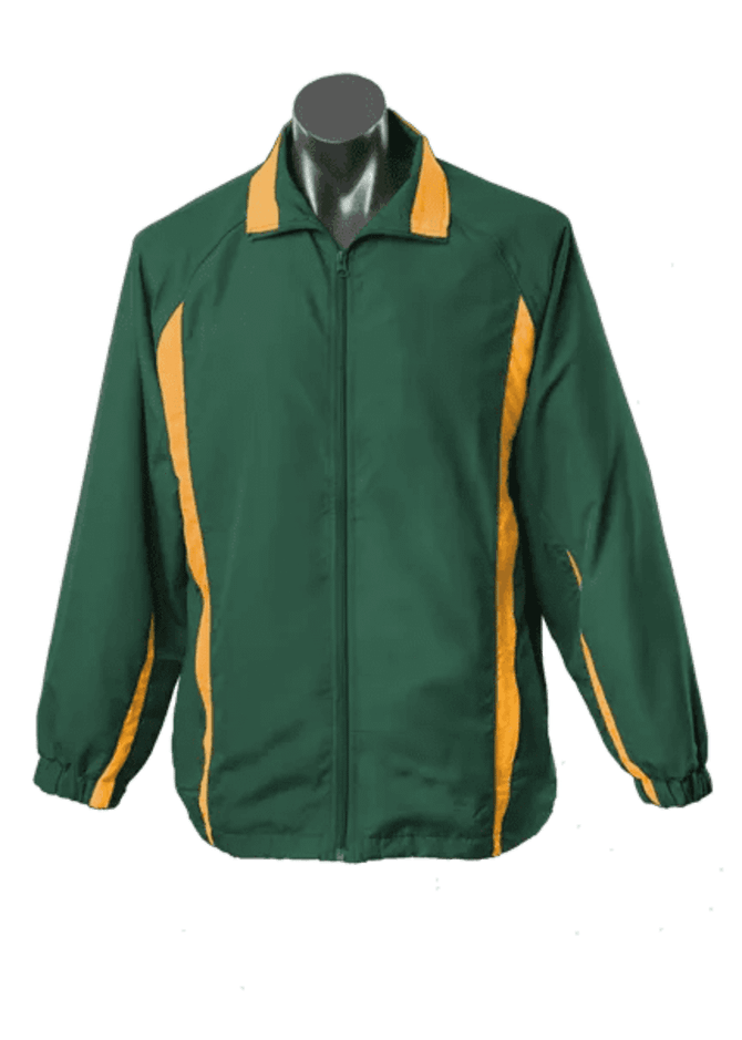 A green track jacket with yellow stripes, featuring a front zip and a collar. It has a logo on the chest area.