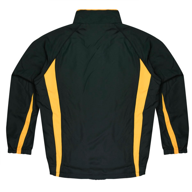 A green track jacket with yellow side stripes and a collar, featuring a logo on the back.