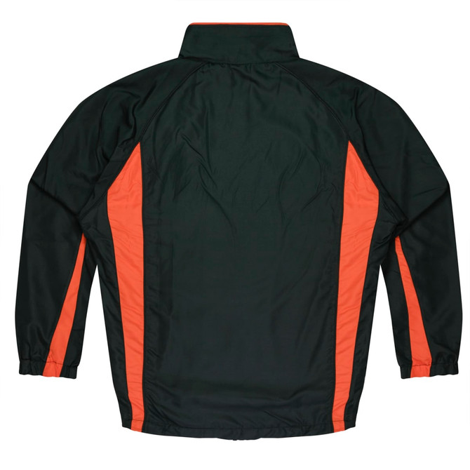 A dark green track jacket with orange stripes on the sides and a high collar. It features a logo.