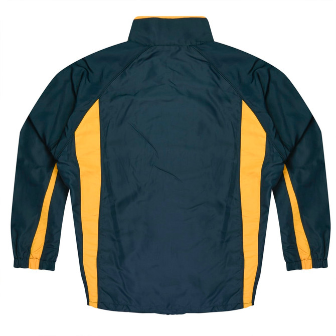 A dark green track jacket with yellow side panels, featuring a collar and a logo.