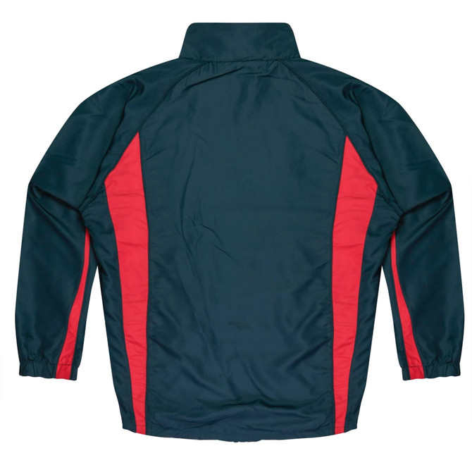 A track jacket in dark green with red side panels, featuring a collar and a logo on the front.