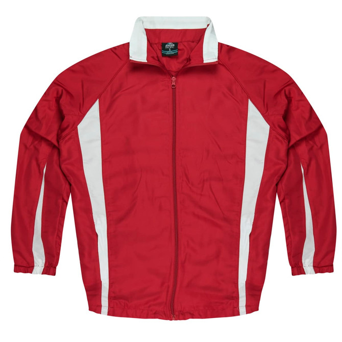A red track jacket with white stripes and a zip-up front, featuring a logo on the chest area.