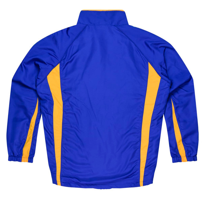 A track jacket in blue with yellow side stripes and a collar. It features a logo on the back.