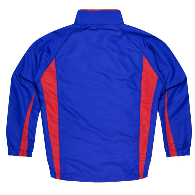 A blue track jacket featuring red side stripes and a high collar. The back is smooth with a sporty design.