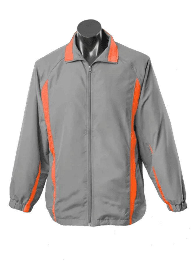 A grey track jacket with orange accents, featuring a zip front and a sporty design. It has a logo on the chest.