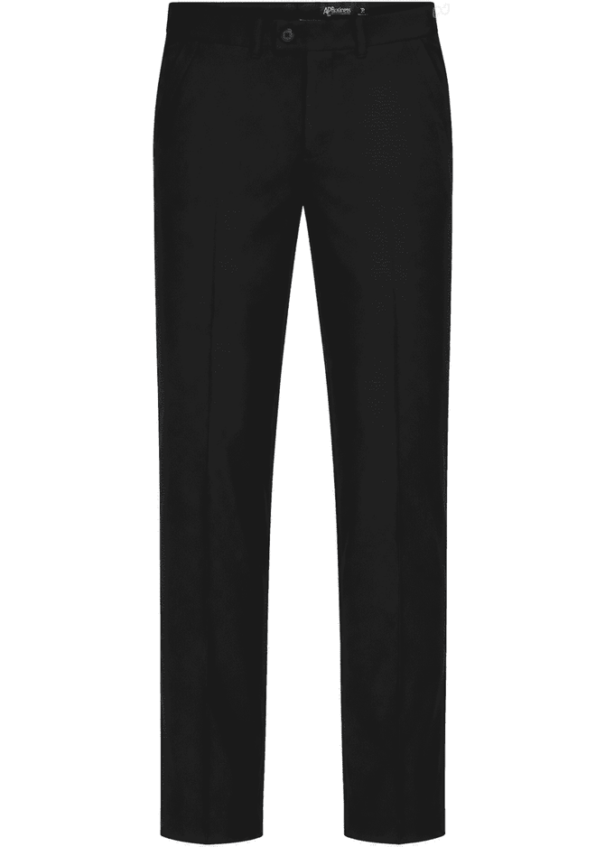 Flat front men's slacks in black, featuring a classic design and a waistband with a logo.