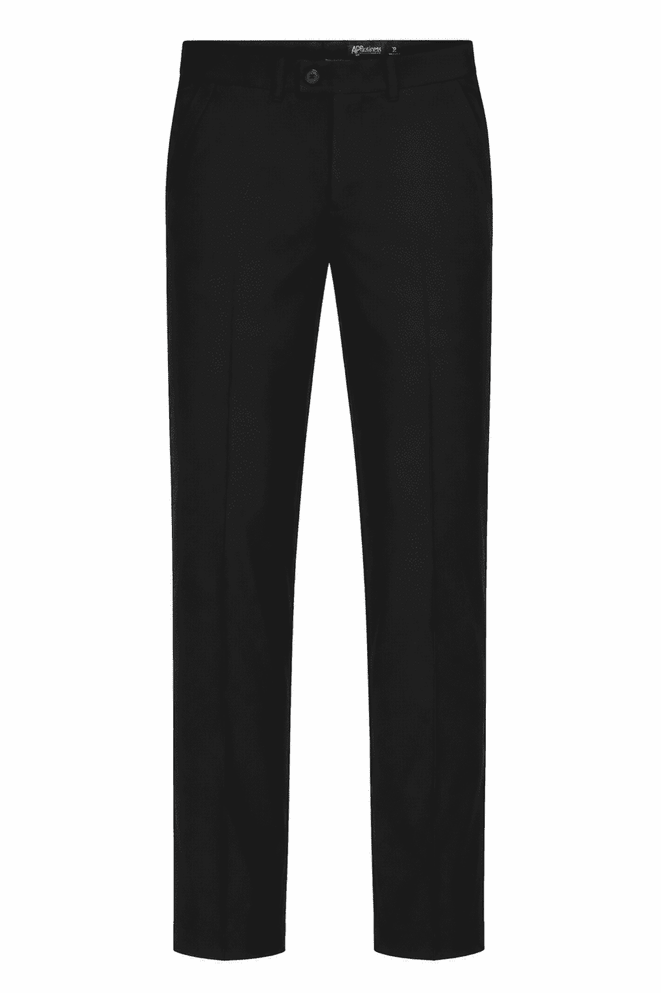 Black flat front men’s pants displayed, featuring a classic slacks style with a logo detail.