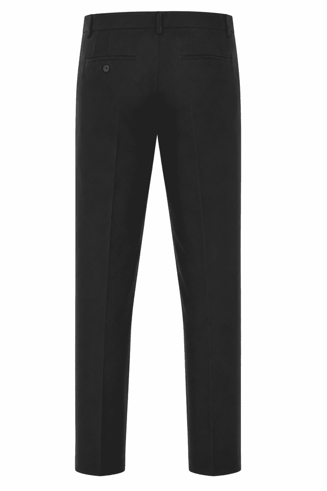 Men's flat front slacks in black, featuring two back pockets and a logo detail on the waistband.