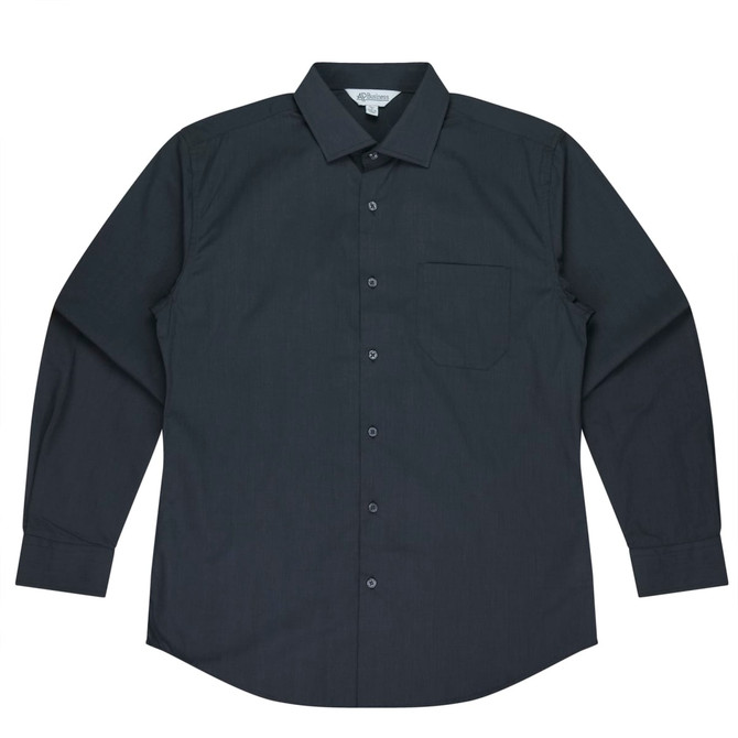 A long sleeve button-up shirt in dark grey with a single chest pocket and a logo.
