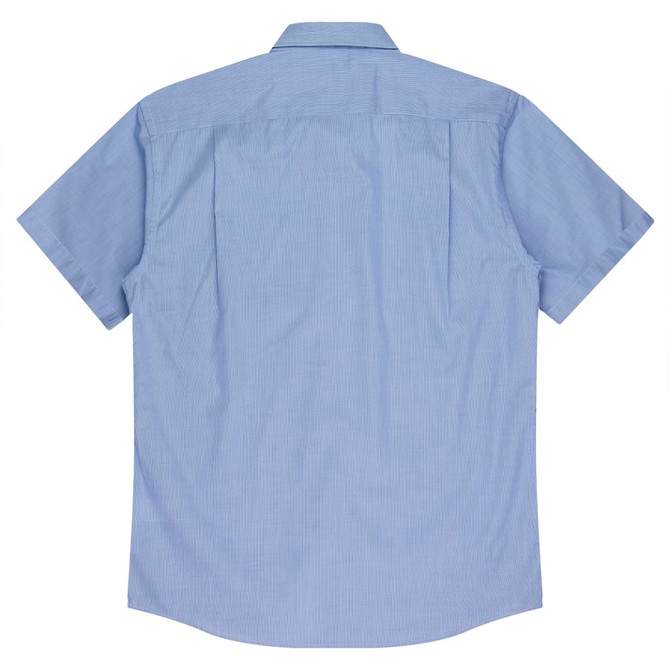 A short sleeve button-up shirt in light blue with a back pleat detail and a small logo.