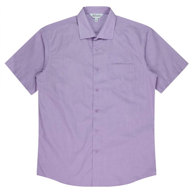 A short sleeve button-up shirt in light purple with a single chest pocket and a branded label.