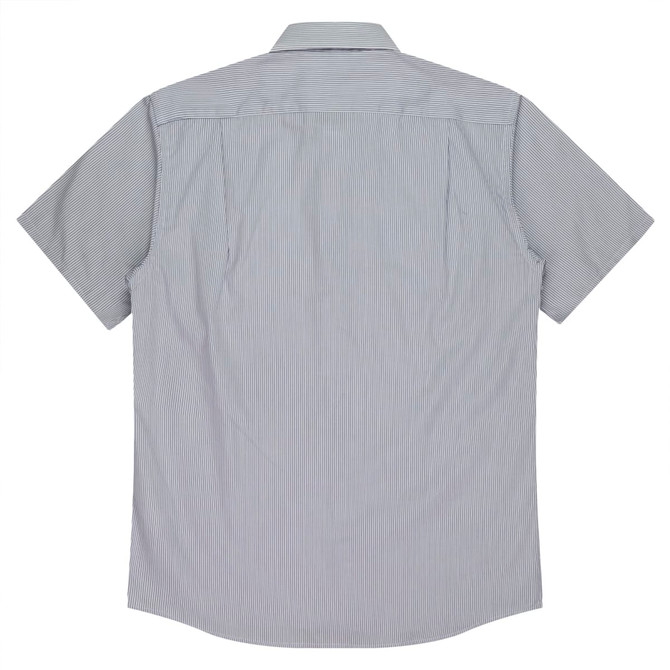 A short sleeve button-up shirt in a striped pattern featuring shades of blue and white, with a collar and a logo.
