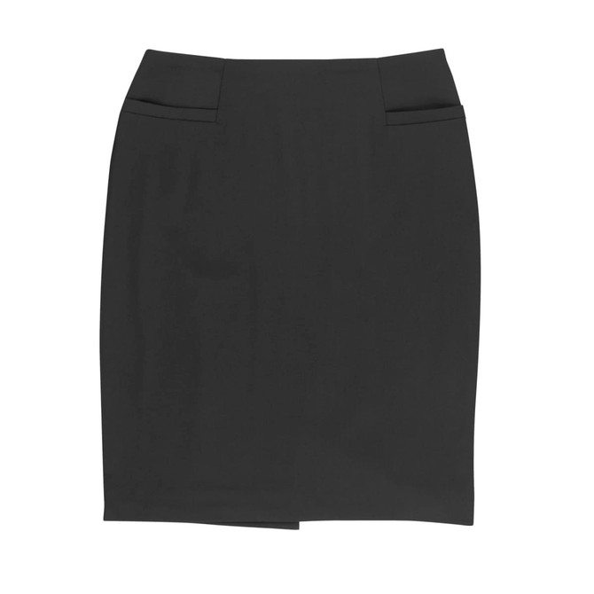 A knee-length black skirt featuring two front pockets and a sleek design, with a logo on the waistband.