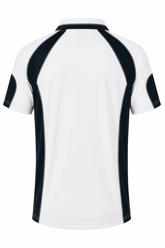 A polo shirt featuring a white body with black accents and a logo on the back.