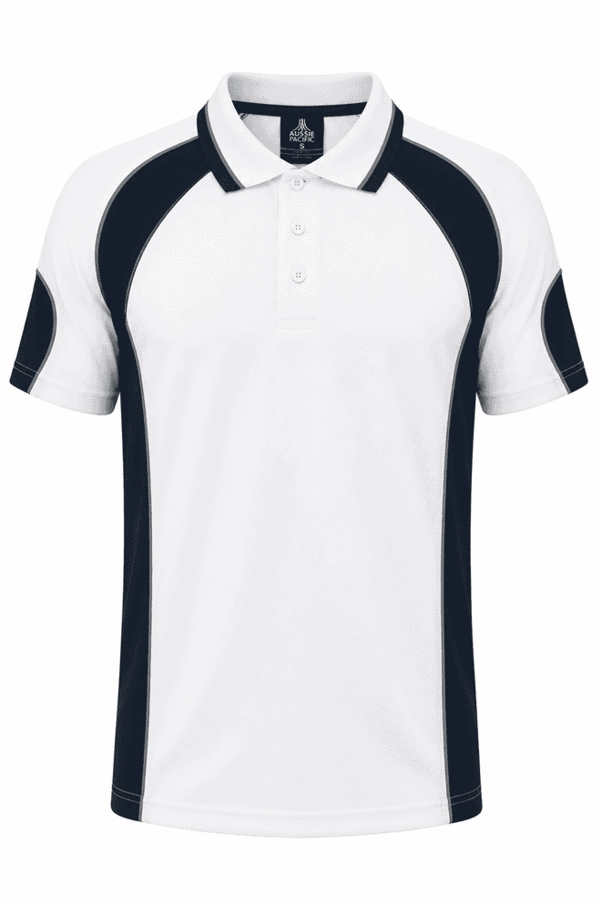 A white polo shirt with black accents and a logo on the chest, featuring a classic collar and short sleeves.