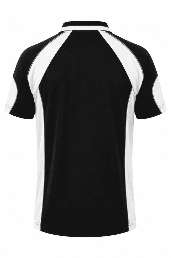 A black polo shirt featuring white accents, displaying a logo on the back.