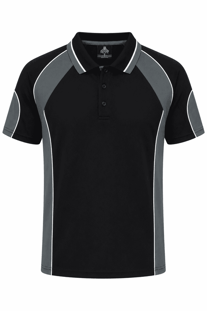 A black polo shirt with grey detailing and a logo, featuring a classic collar and short sleeves.