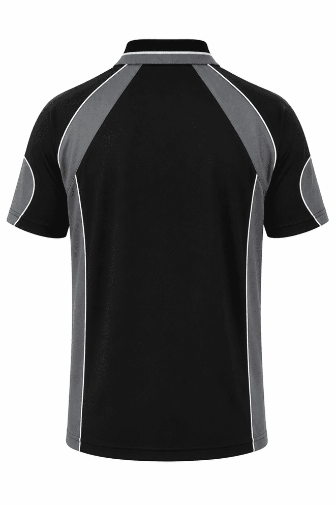 A black polo shirt with grey accents and a logo on the back. Short sleeves and a sporty design.