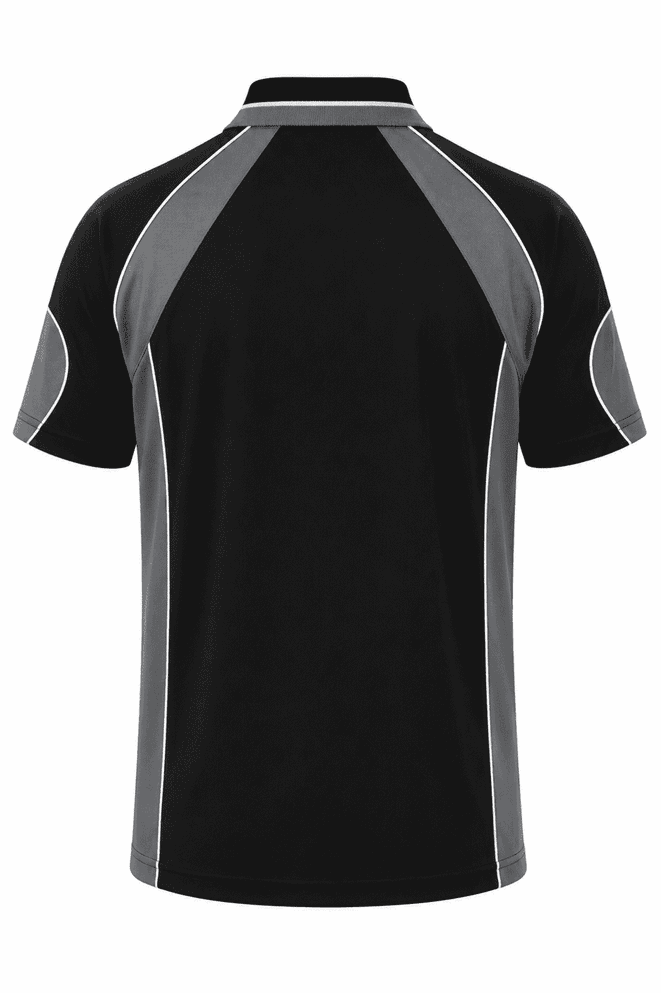A black polo shirt with grey accents and a logo on the back. Short sleeves and a sporty design.