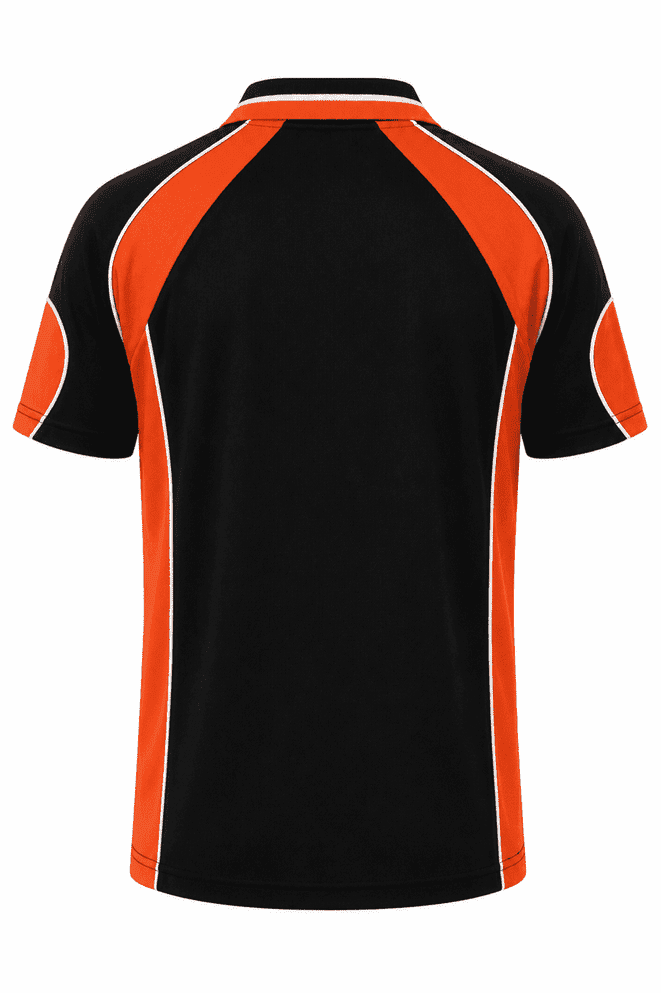 A polo shirt featuring a black body with orange accents and a logo on the back.