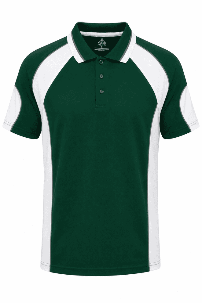 A dark green polo shirt featuring white accents and a logo on the chest. Styled with a collared neckline and short sleeves.