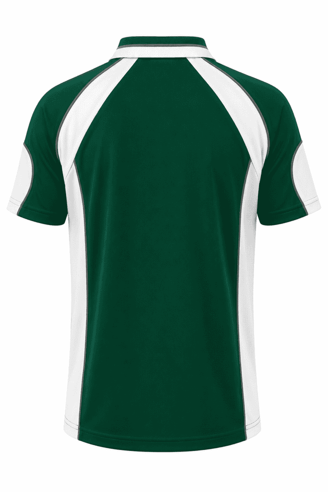 A polo shirt in dark green with white accents, featuring a logo on the back.