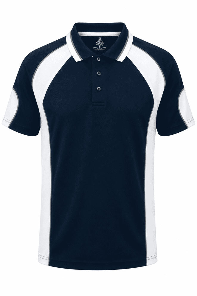 A navy blue polo shirt with white accents and a logo on the chest. Features short sleeves and a collared neck.